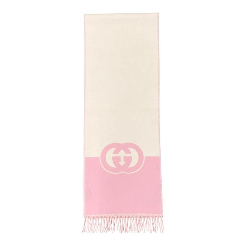 Gucci Scarf Interlocking G Scarf 715497 Wool Cashmere Fringe Pink Beige Gucci
