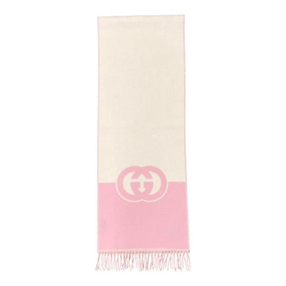 Gucci Scarf Interlocking G Scarf 715497 Wool Cashmere Fringe Pink Beige Gucci