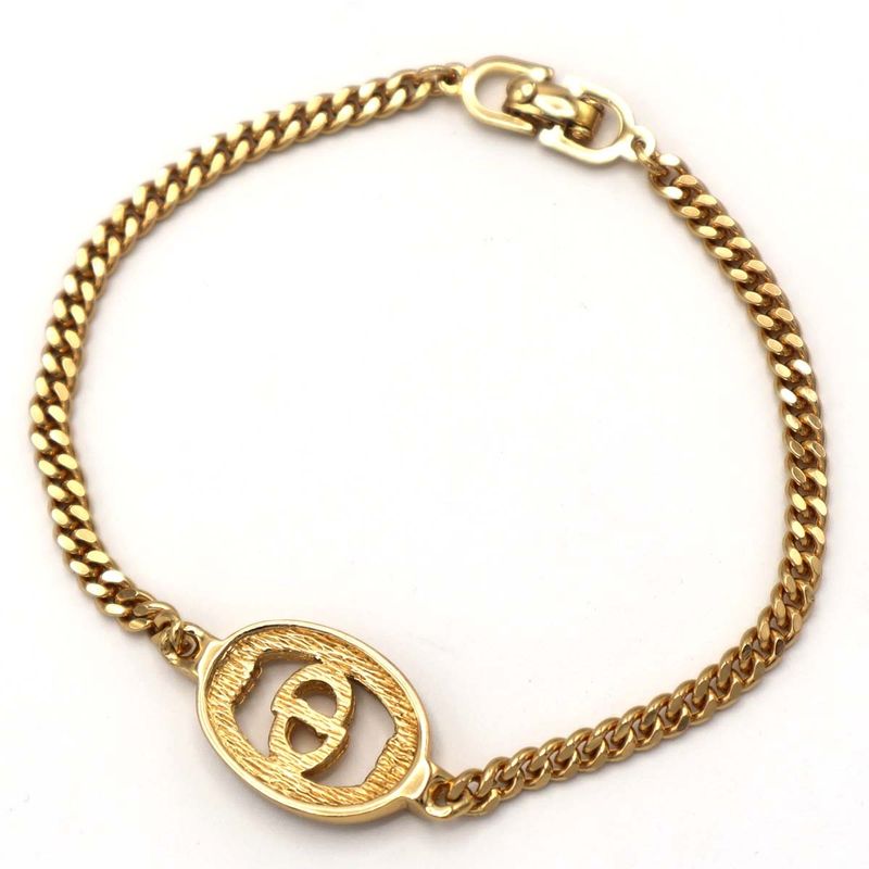 Christian DIOR Bracelet CD Logo Rhinestone Oval Gold Color Accessories Women