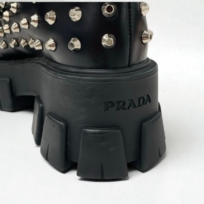 Prada Monolith Loafers Leather Shoes Leather Black Silver Studded Lace Up Shoes