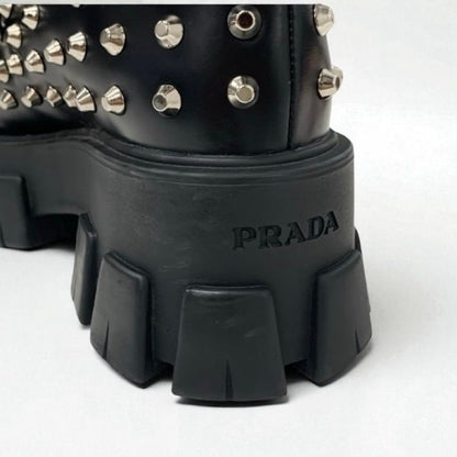 Prada Monolith Loafers Leather Shoes Leather Black Silver Studded Lace Up Shoes