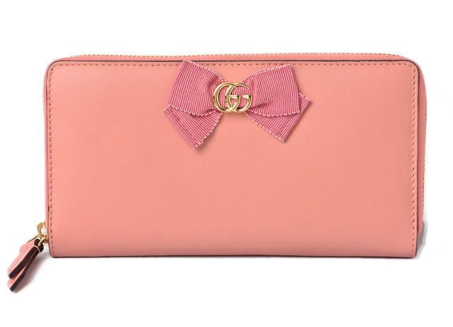 Gucci Long Wallet Round Zipper GG Marmont Ribbon Pink