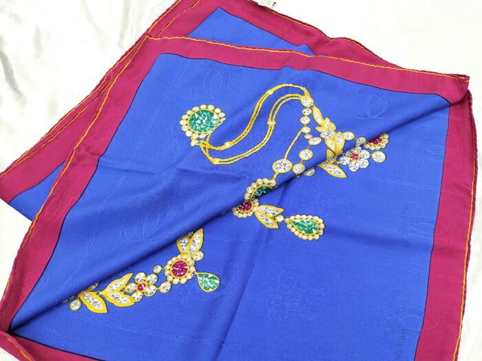 Cartier Scarf Large Size 100% Silk Blue Multicolor
