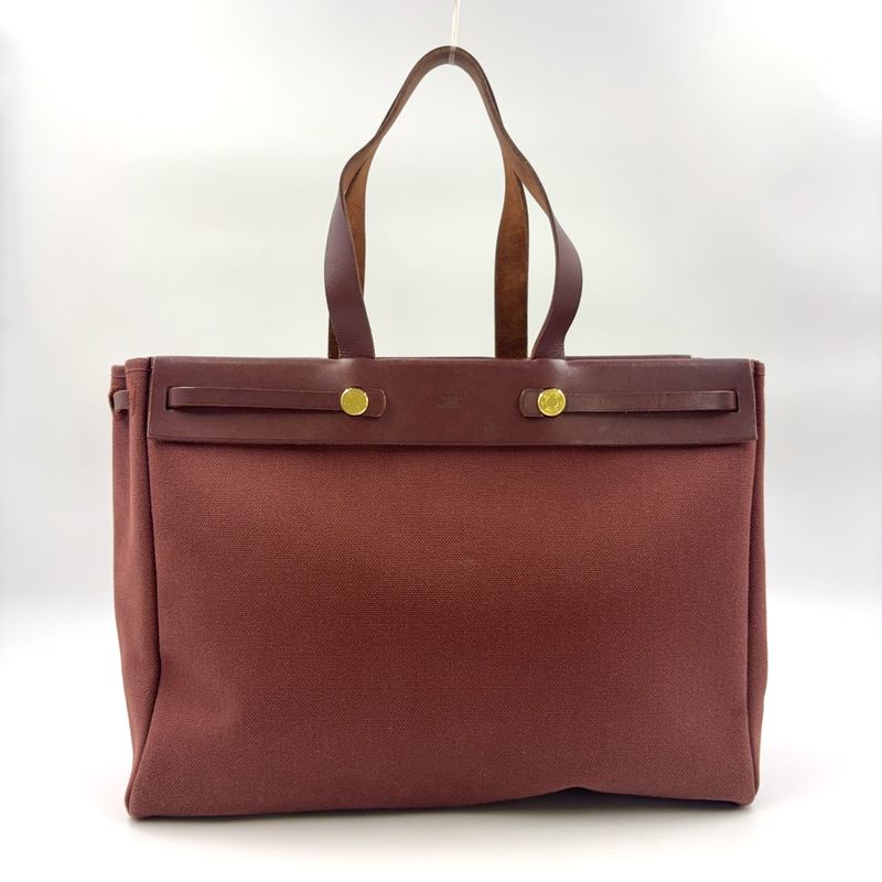 Hermes Herbag Cabas Su GM □F Engraved Leather × Canvas Brown Shoulder Bag Gold