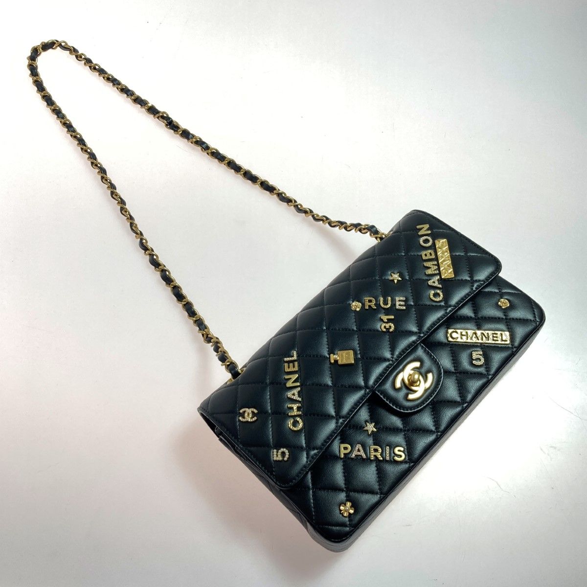 Chanel Matelasse W Flap Icon Charm Chain Shoulder Bag A01112 Black Lambskin