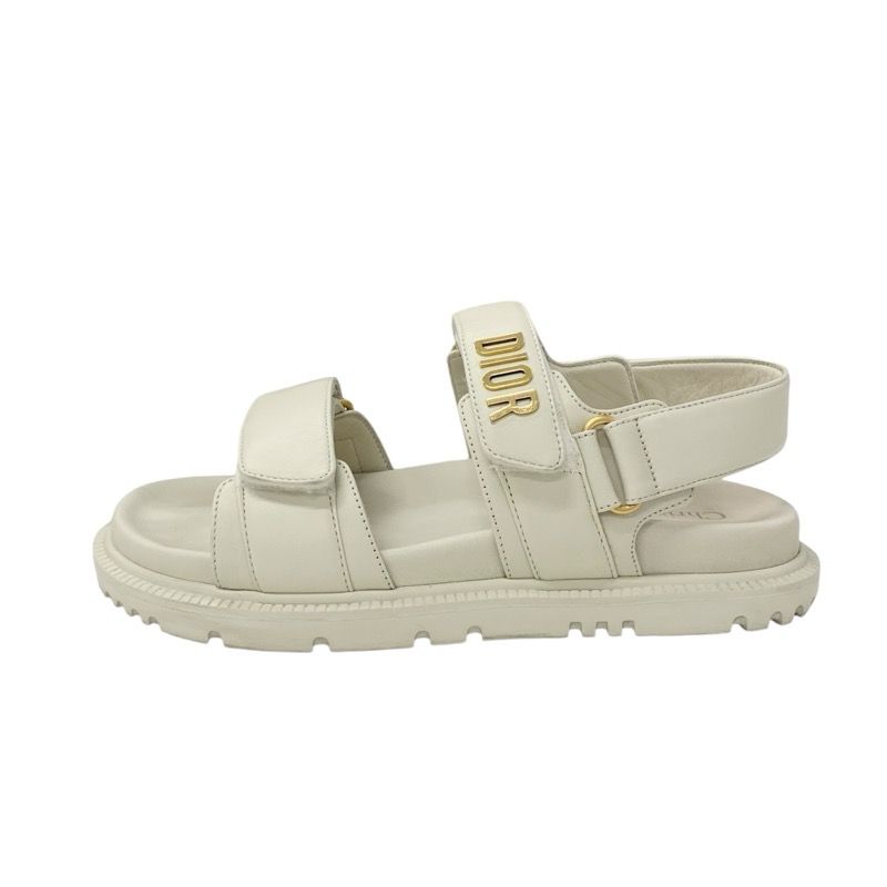 Christian Dioract Sandals Shoes Lambskin Ivory Gold Logo Velcro Strap