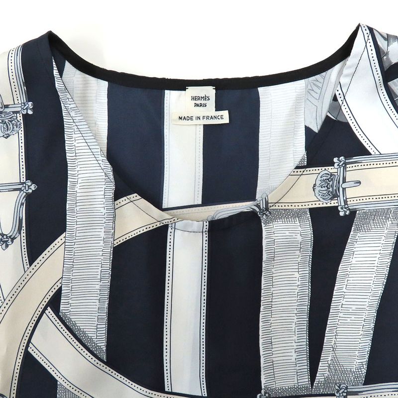 Hermes Sleeveless Tops Silk Belt Pattern 36 Navy-black Ladies Apparel