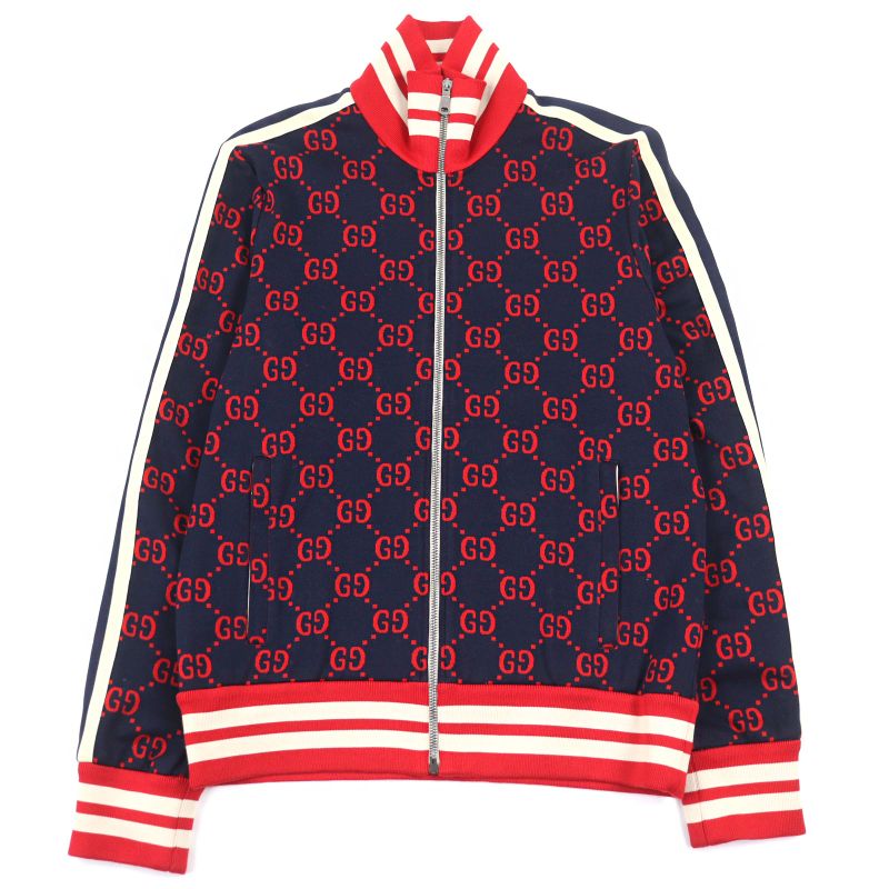 Gucci 496919 100% Cotton GG Jacquard Logo Zip Sideline Track Jacket Navy Red