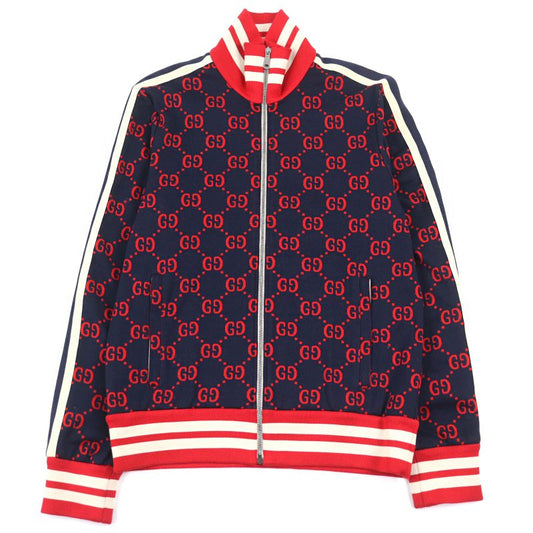 Gucci 496919 100% Cotton GG Jacquard Logo Zip Sideline Track Jacket Navy Red