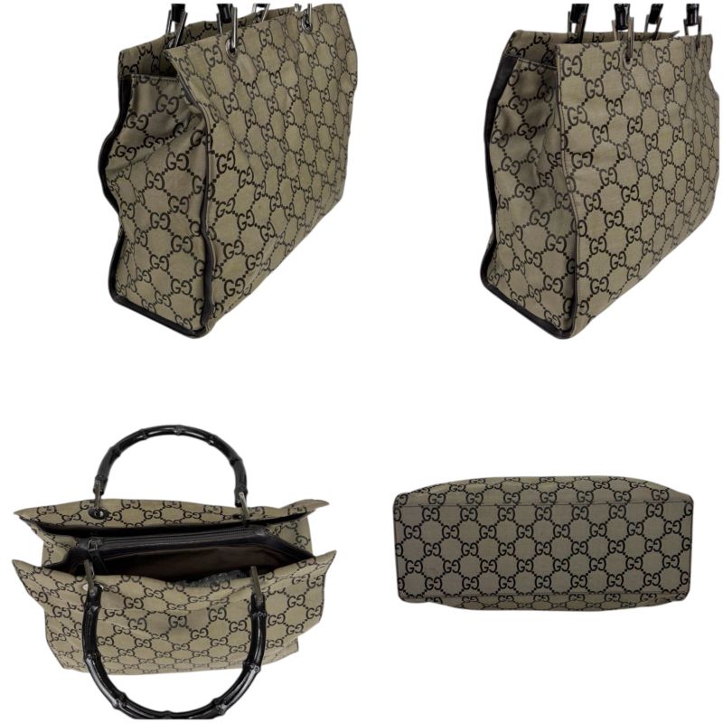 Gucci Tote Bag Bamboo Line GG Pattern Gray Black Nylon Canvas