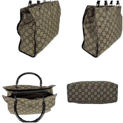 Gucci Tote Bag Bamboo Line GG Pattern Gray Black Nylon Canvas