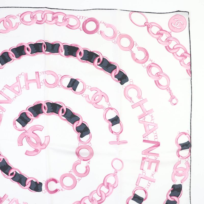 CHANEL 100% Silk Coco Mark Chain Belt Pattern Scarf White Pink With Box Made In