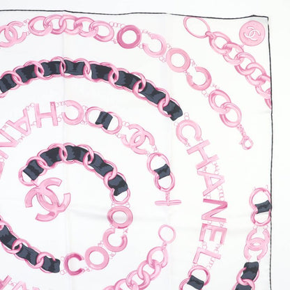 CHANEL 100% Silk Coco Mark Chain Belt Pattern Scarf White Pink With Box Made In