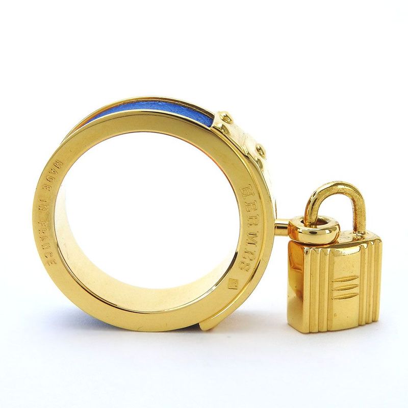 Hermes Scarf Ring Kelly Cadenas Motif Plated GP Leather Gold Blue Accessory