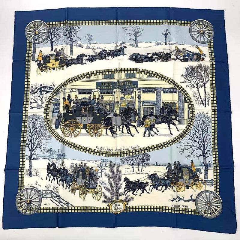Hermes Carre 90 Postal Coach Lhiver EN Poste Scarf Silk Blue