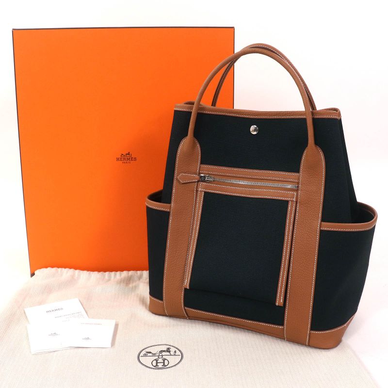 Hermes Garden Party Pocket Vertical Toile Military/negonda Serie Button Tote