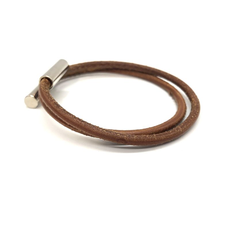 Hermes Bracelet Tourni Leather Brown and Silver Color Used 005090