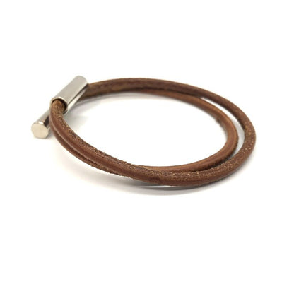 Hermes Bracelet Tourni Leather Brown and Silver Color Used 005090