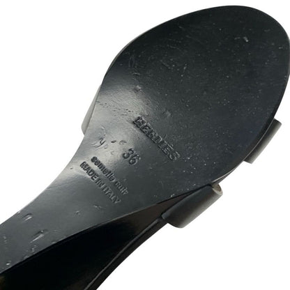Hermes Legend Sandals Shoes Leather Black Ankle Strap Wedge Sole