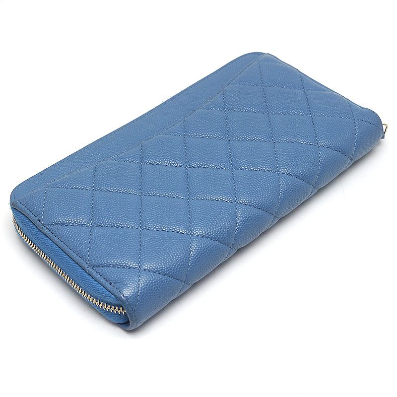 Chanel Round Zip Long Wallet Matelasse Caviar Skin Blue
