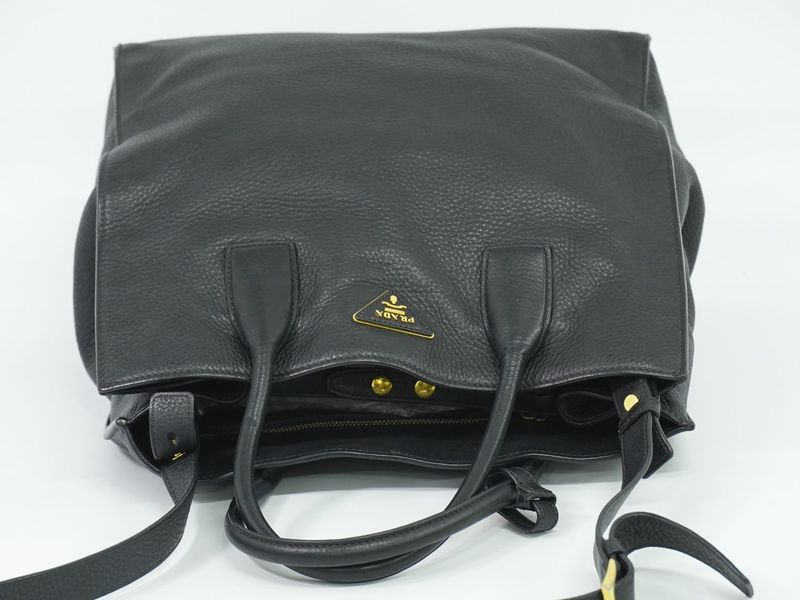 Authentic Prada Leather 2WAY Shoulder Bag Tote Handbag Pochette Black Bag