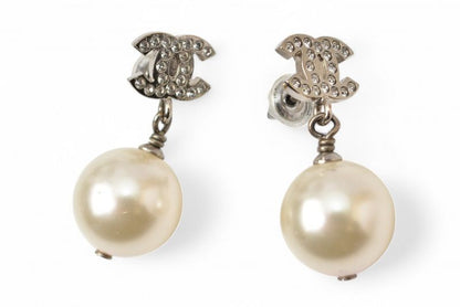 Chanel Earrings Chanel Mini CC Motif Coco Mark Swing Pearl Silver White A20