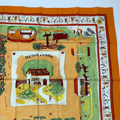 Hermes Carre 90 RE TOUR A LA Terre Homeward Silk Scarf Orange