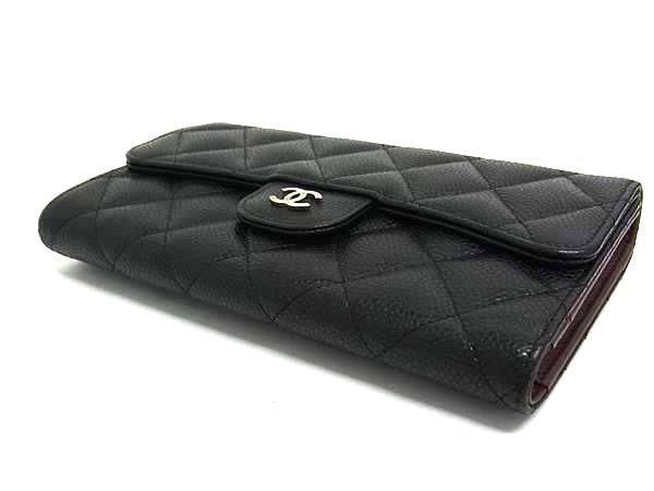 Chanel Coco Marc Matelasse Caviar Leather Trifold Long Wallet Women's Black
