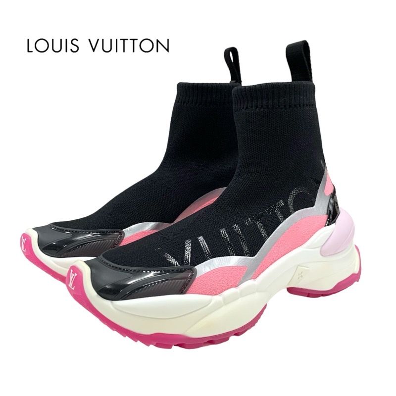 Louis Vuitton Run 55 Line Sneakers Shoes Fabric Rubber Black Pink Black Sock