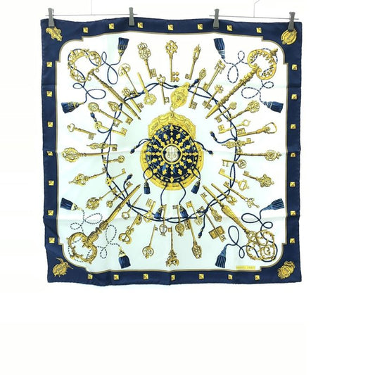 Hermes Carré 90 Les Cles Silk Scarf White Blue 90