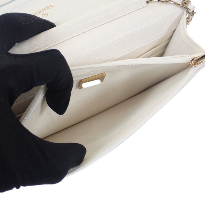 Chanel Classic Chain Wallet Ap0250 Shoulder Bag Caviar Skin White Gold Hardware