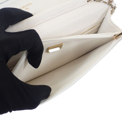 Chanel Classic Chain Wallet Ap0250 Shoulder Bag Caviar Skin White Gold Hardware