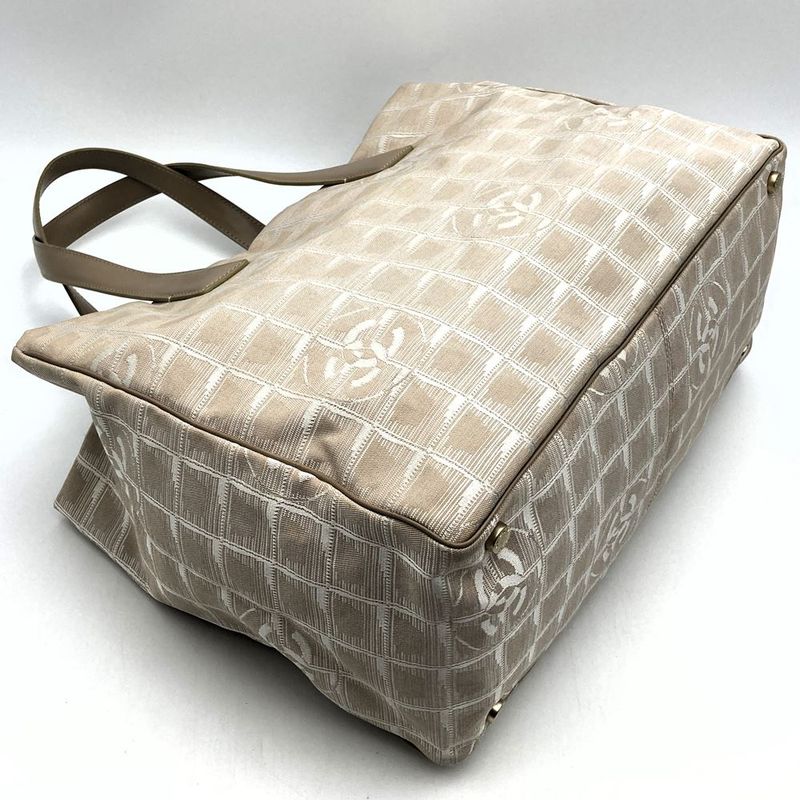 Chanel New Travel Line MM Tote Bag Handbag Nylon Leather Beige Ladies Men