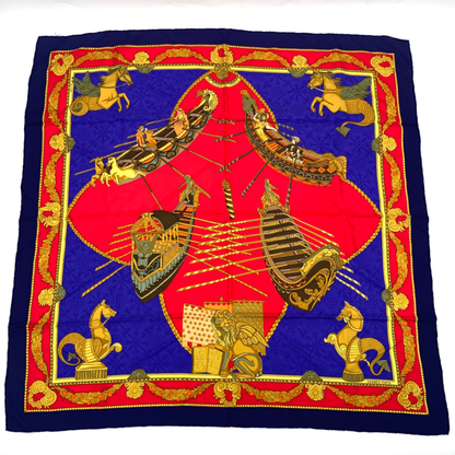 Hermes Scarf Carre 90 Silk Les Bissone De Venise Venice Boat Festival Red And