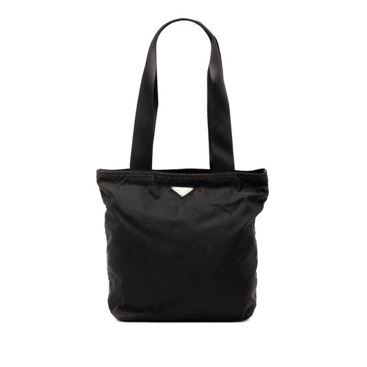 Prada Triangle Logo Plate Tote Handbag Black Nylon Women Prada