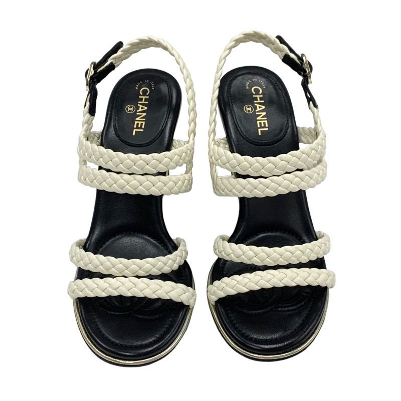 Chanel Sandals Shoes Lambskin White Black Coco Mark Braided Wedge Sole