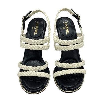 Chanel Sandals Shoes Lambskin White Black Coco Mark Braided Wedge Sole