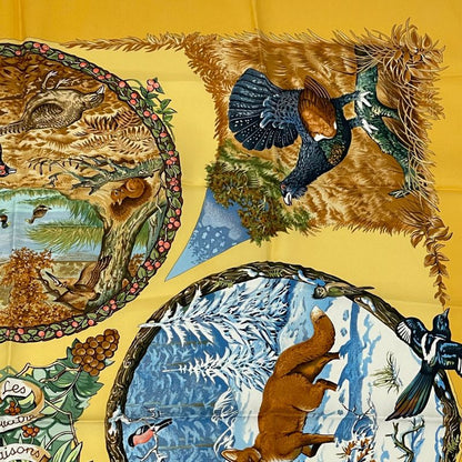 Hermes Carre 90 LES Quatre Saisons Four Seasons Brown Animal Flower Scarf Silk