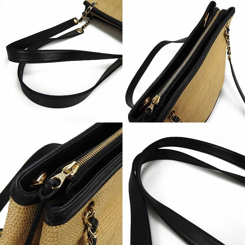 Chanel Chain Tote Bag Chanel Straw Bag 2nd Coco Mark Leather Gold Hardware