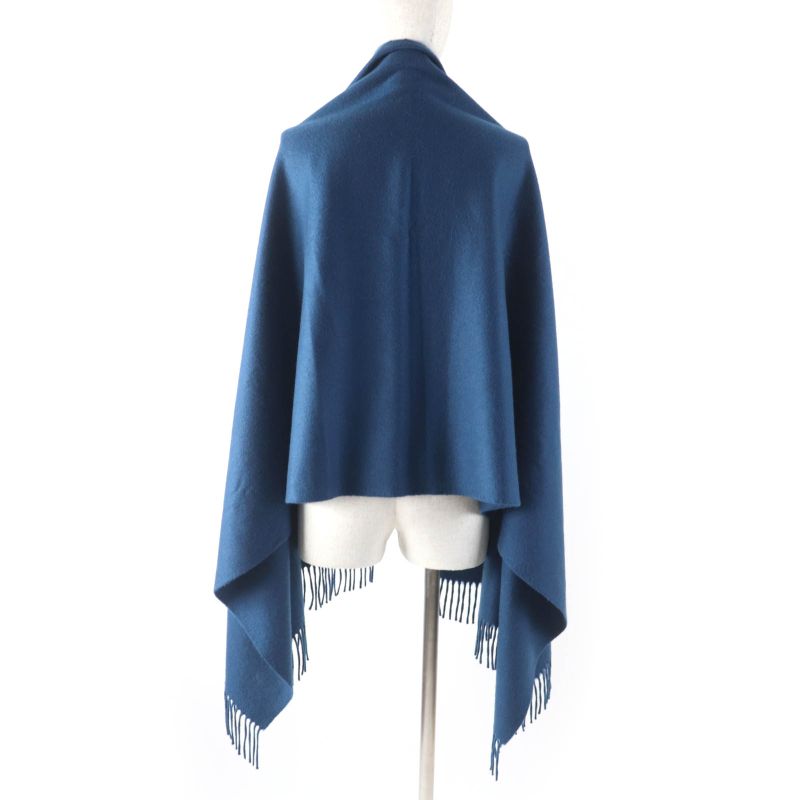 Hermes 100% Cashmere Logo Embroidered Fringed Large Scarf Shawl Scarf Blue Women