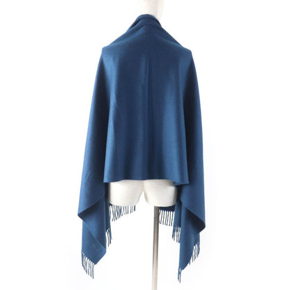 Hermes 100% Cashmere Logo Embroidered Fringed Large Scarf Shawl Scarf Blue Women