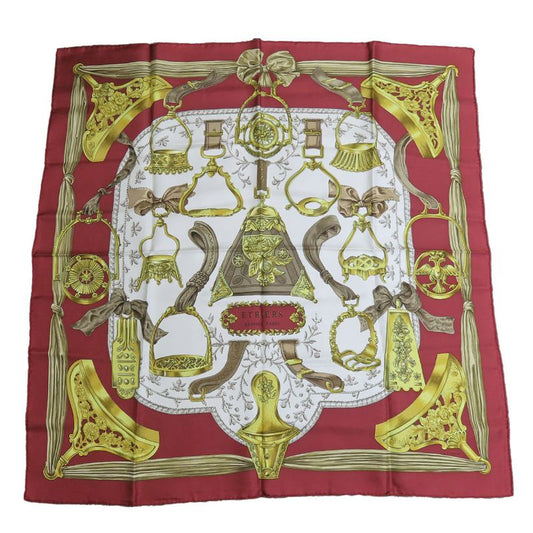 Hermes Scarf Carré 90 Silk Red White Yellow Fashionable Equestrian Pattern