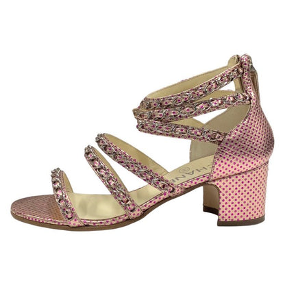 Chanel Sandals Shoes Leather Pink Silver Coco Mark Chain Dot Metallic