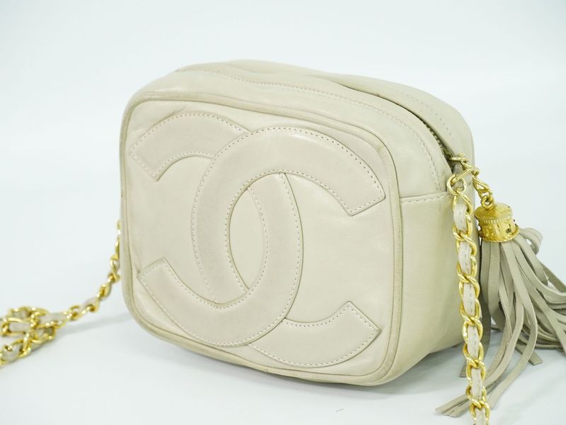 Authentic Chanel Deca Coco Mark Tassel Shoulder Bag Pochette Lambskin Leather