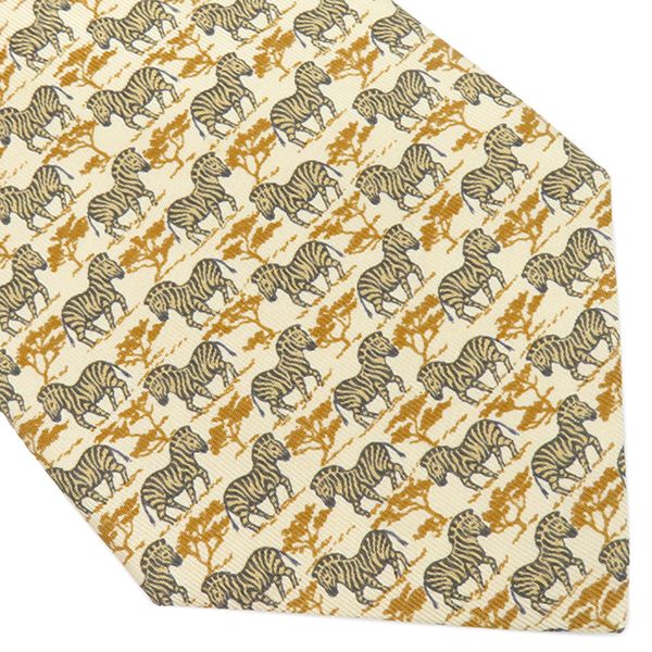 Hermes Tie Zebra 9cm (3.54in) Silk Beige and Multicolor Zebra Animal Print [box