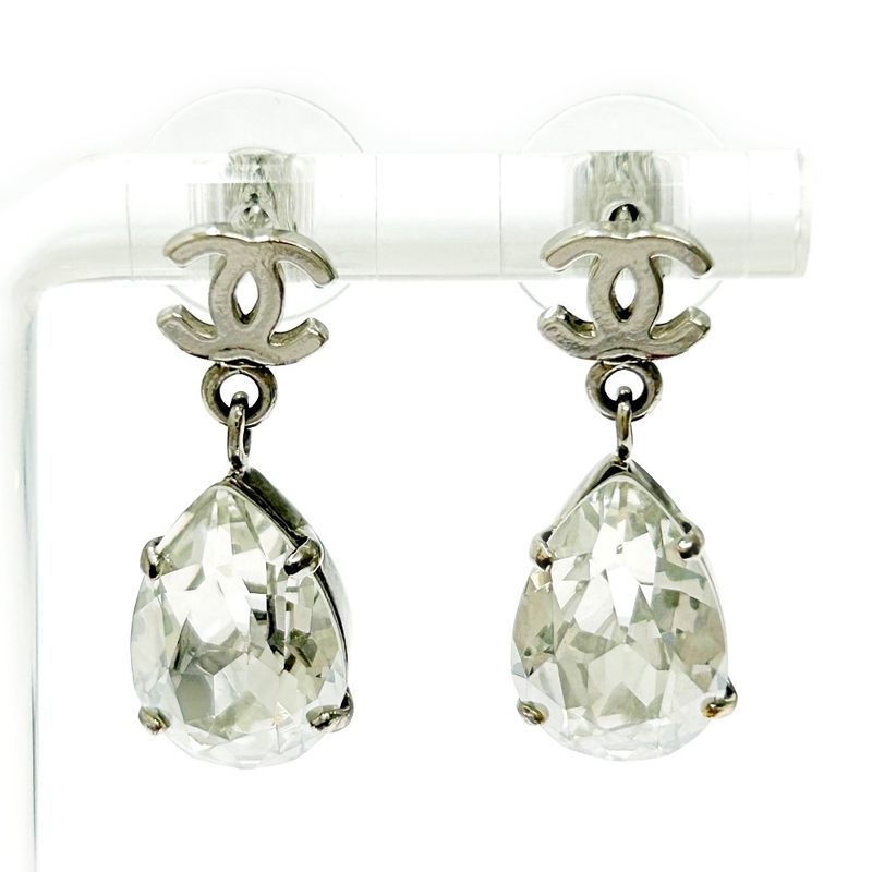 Chanel Metal Rhinestone A12v Coco Mark Swing Earrings Silver 351238 Earrings