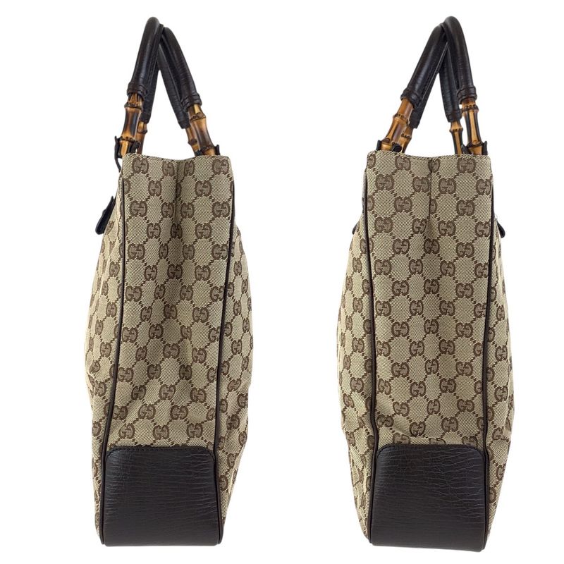 Gucci Bamboo Beige Brown Silver Hardware GG Canvas 112530 Tote Bag Handbag