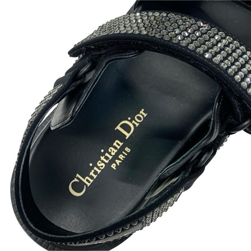 Christian Dior Sandals Shoes Lambskin Black Logo Rhinestone Velcro Strap Sports