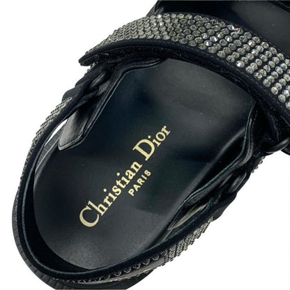 Christian Dior Sandals Shoes Lambskin Black Logo Rhinestone Velcro Strap Sports