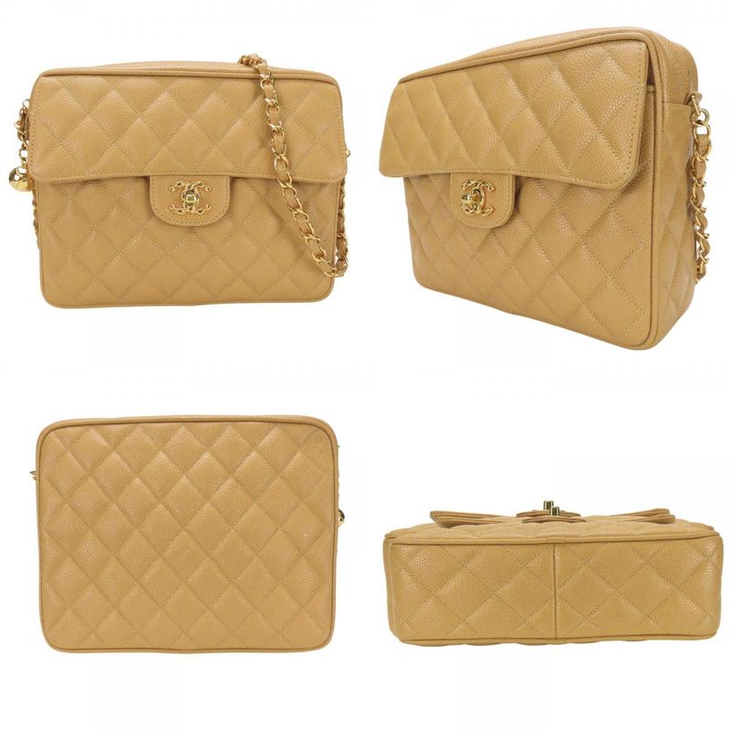 Chanel Shoulder Bag Matelasse Caviar Skin Beige Gold Hardware Coco Mark 2nd